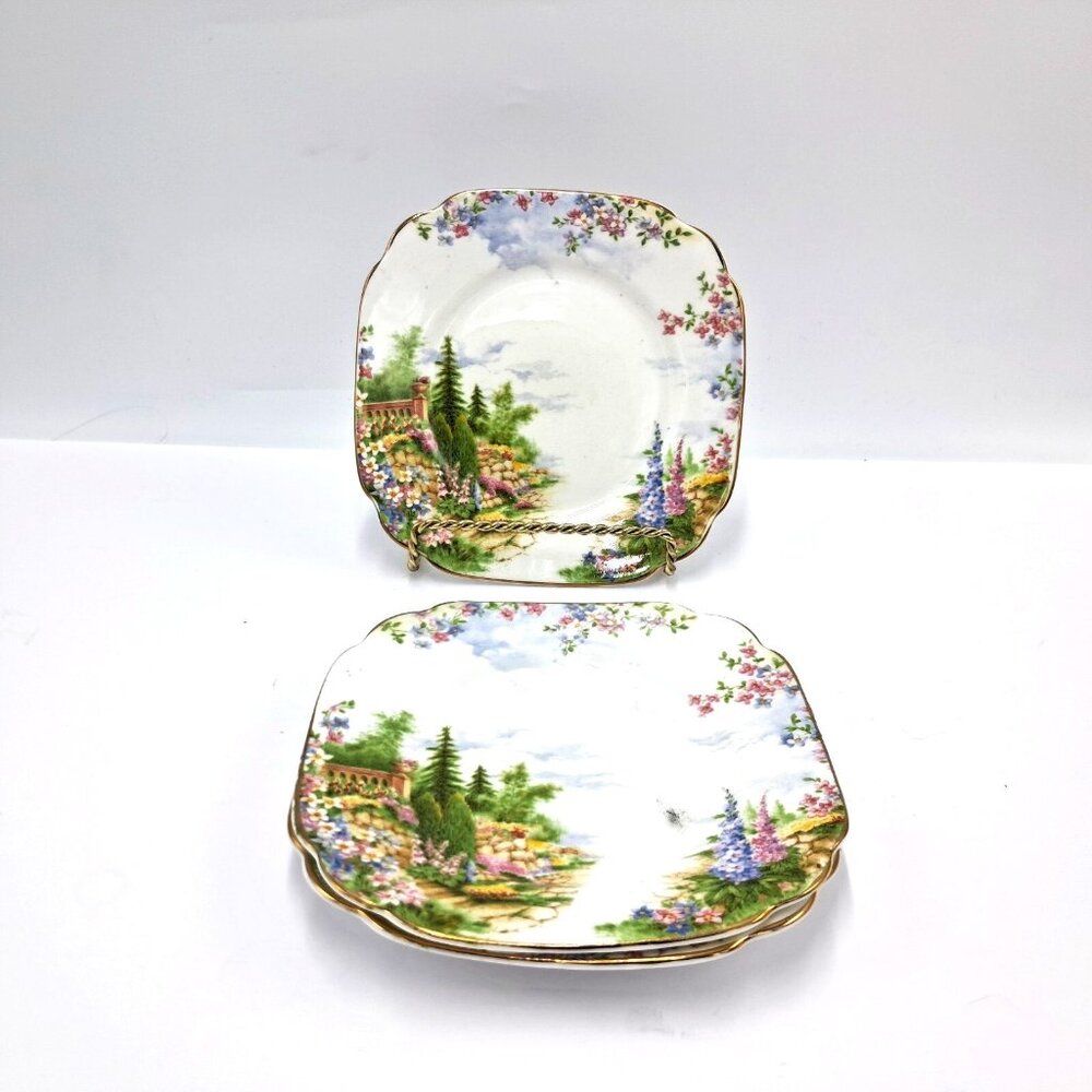 Royal Albert Kentish Rockery Square Bread Plates Set 4 Queen Mary 1930s